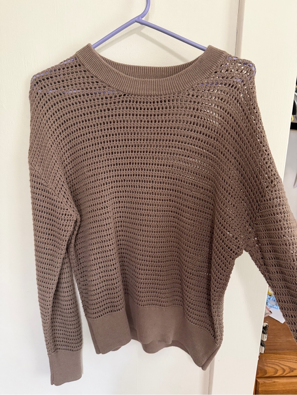 Mono B Open-Knit Crewneck Sweater in Taupe